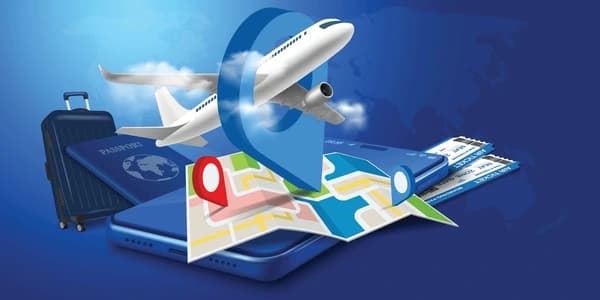 Illustration of flight booking with aircraft, passport, and travel documents